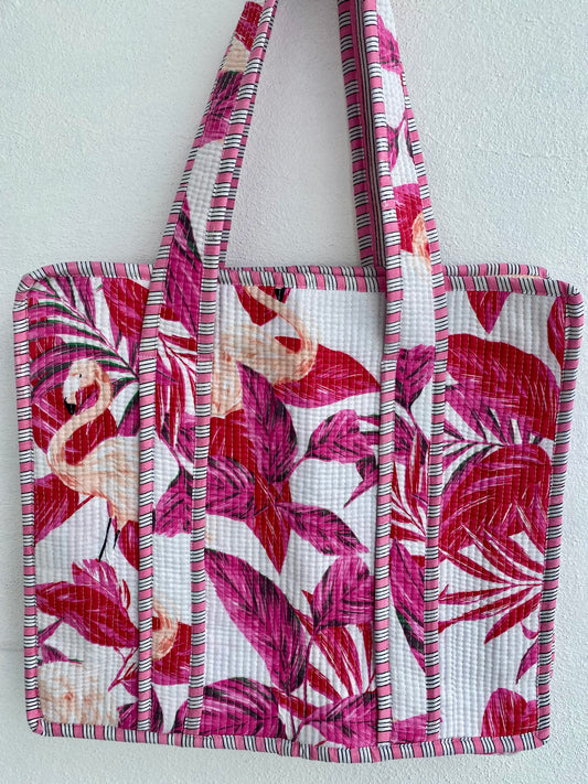 Pink flamingo quilted tote